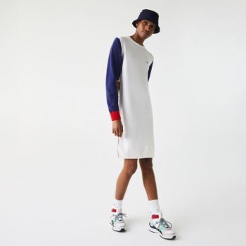 Lacoste Made In France Tricolour Wool Sweater Dress - Šaty Dámské Bílé / Blankyt / Červené | CZ-68qQ